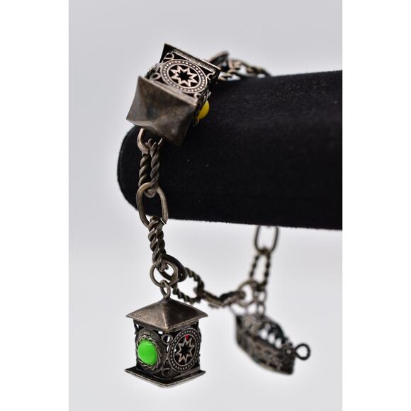 Vintage Charm Bracelet Coin Antiqued Metal Art Deco Chunky Retro 1940s BinAD - Picture 1 of 12